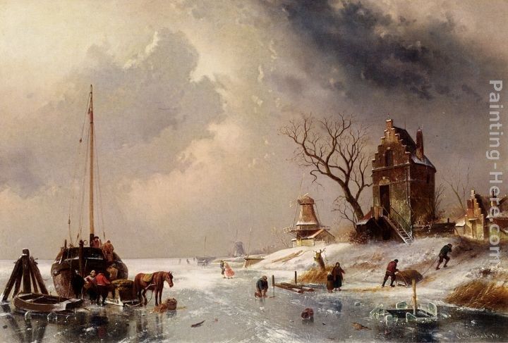 Charles Henri Joseph Leickert Figures Loading A Horse-Drawn Cart On The Ice